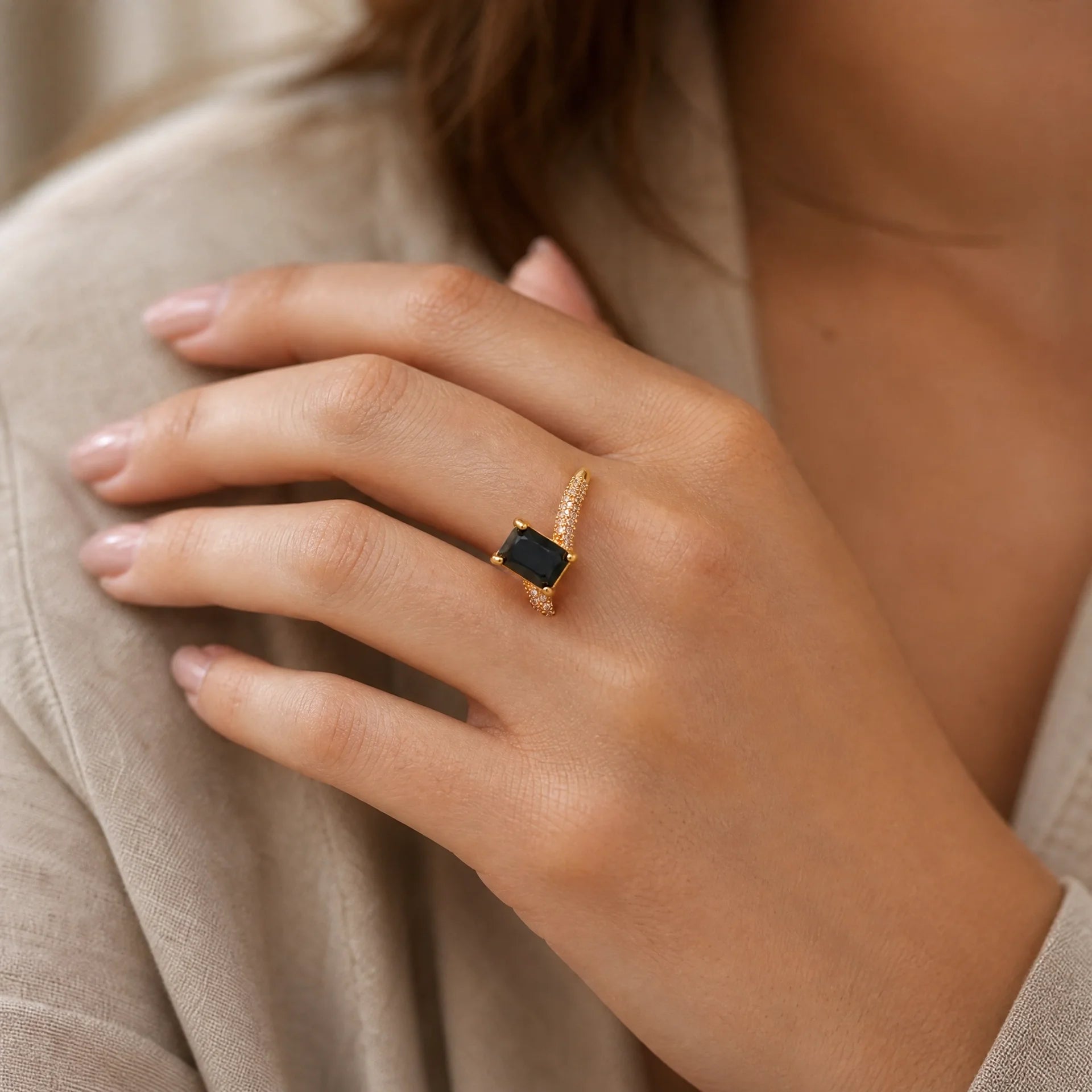 Wearing Black Stone Stainless Steel Ring
